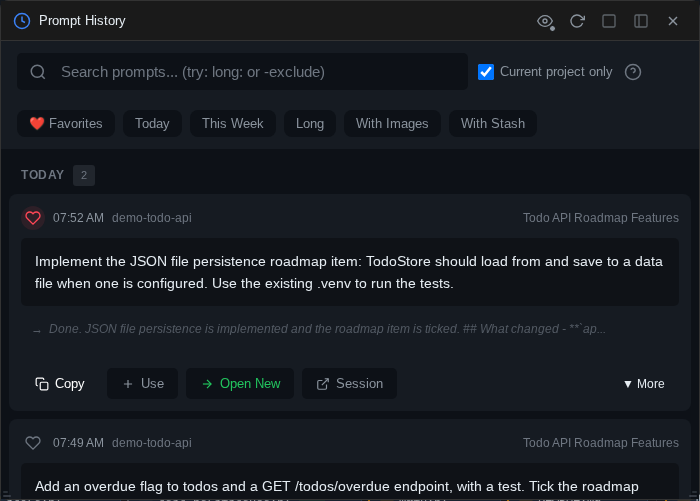 The prompt explorer showing search results grouped by time period with favorite hearts and action buttons