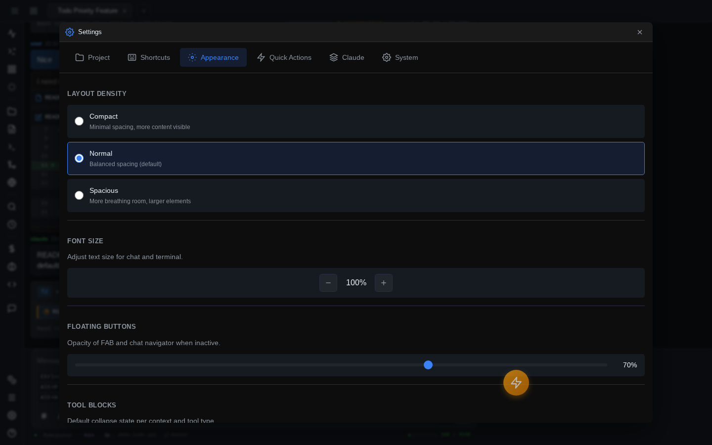 Settings → Appearance: layout-density radio options (Compact / Normal / Spacious), a font-size stepper at 100%, and a floating-buttons opacity slider