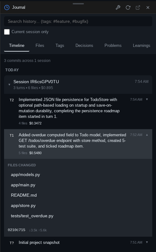 Journal widget showing per-turn Haiku summaries, files changed and cost, grouped by session