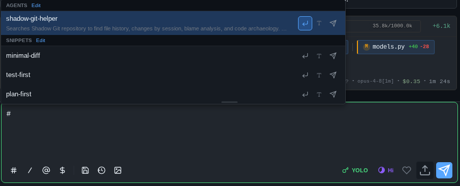 The # picker popup above the chat input, listing discovered agents and user-defined snippets