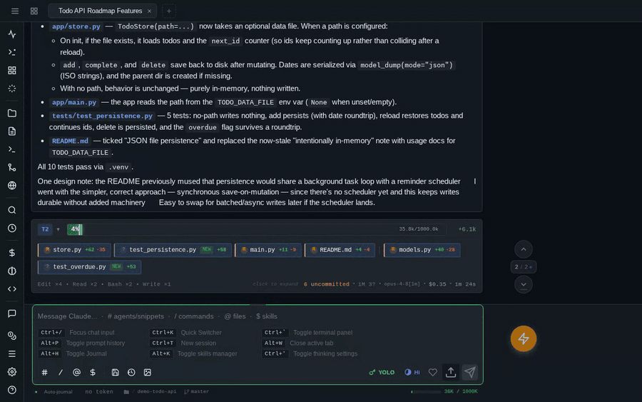 The embedded terminal running ls, git status and a test suite inside the web client