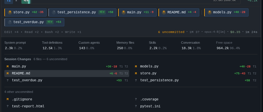 Expanded turn summary bar with the per-category context-window breakdown and session-wide changed files list