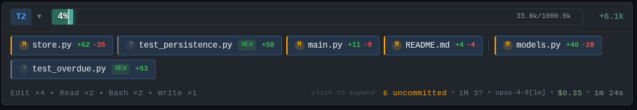 Collapsed turn summary bar showing the turn number, context-usage bar, changed-file pills with diff stats, tool counts, duration, cost, and model