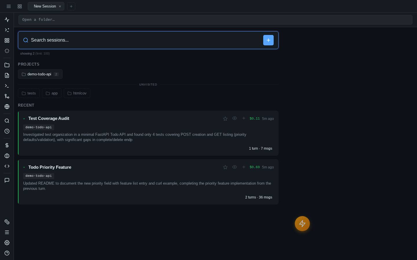 The welcome screen: a search bar, a projects row with a session-count badge, an "unvisited" row of sibling directories, and recent-session cards showing each session's title, Haiku-generated summary, tags, cost, and turn count