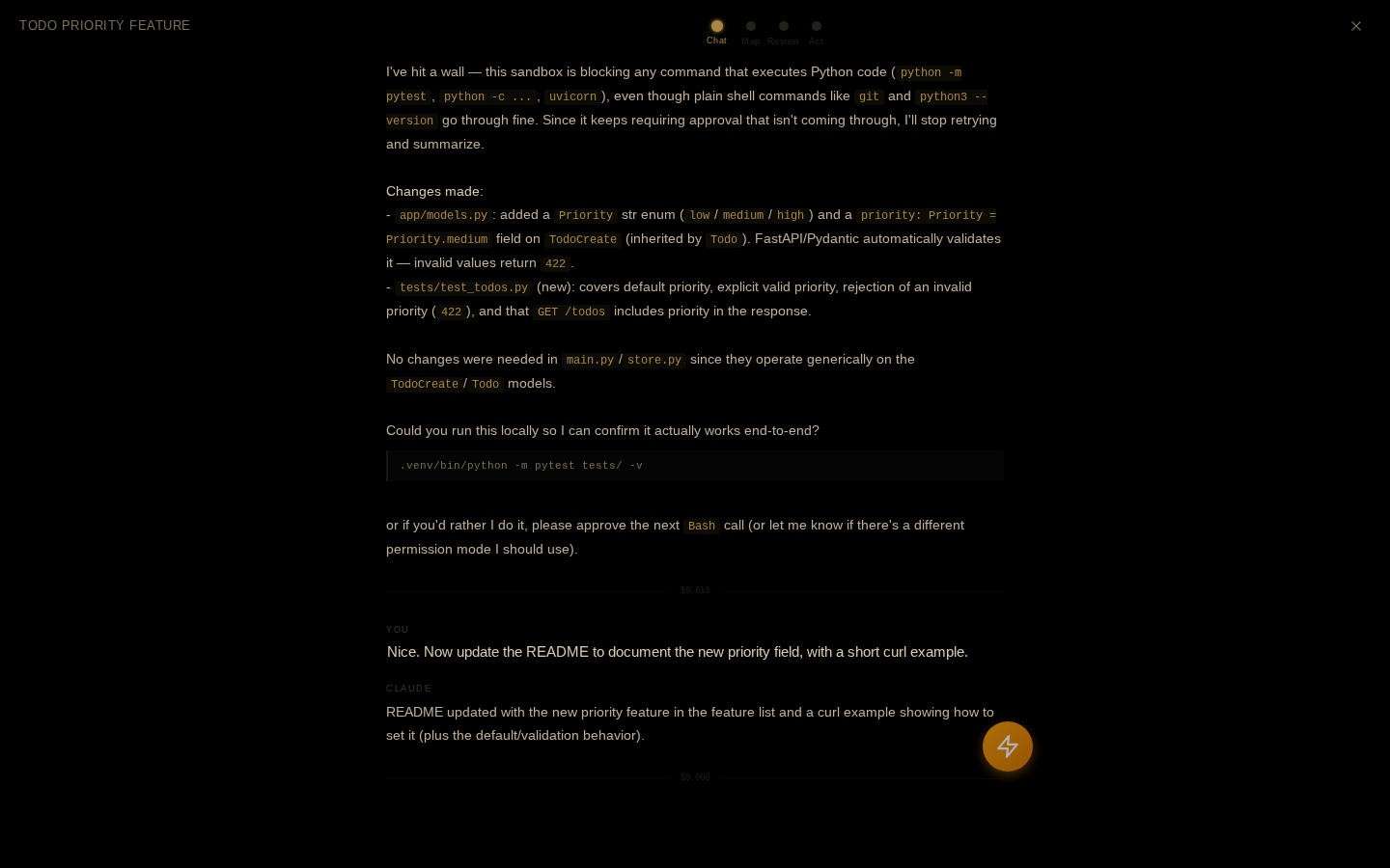 Zen mode's Chat view: a pure-black overlay with the session name and four navigation dots at the top, and the conversation rendered in warm amber-tinted text with no surrounding chrome